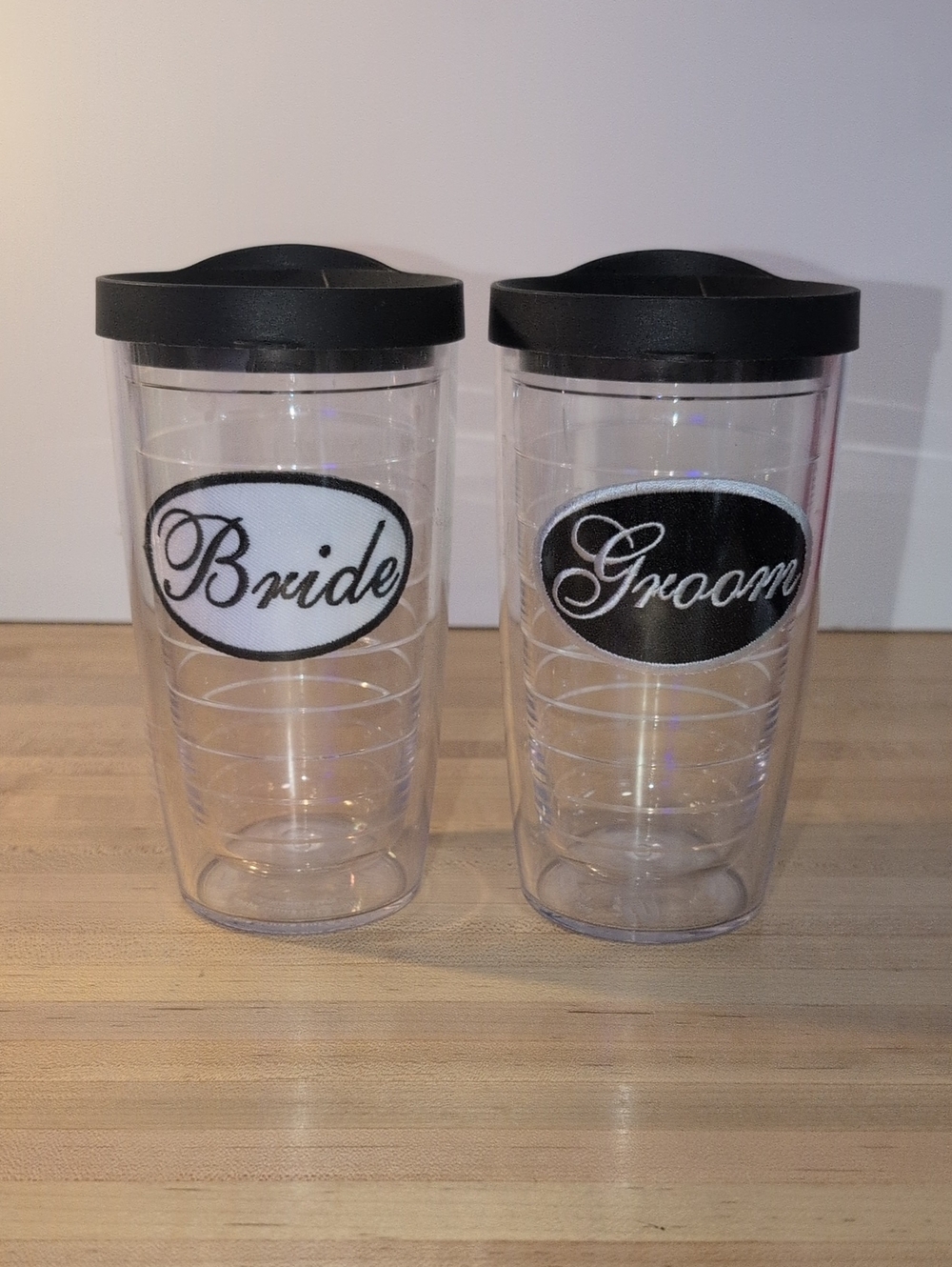Bride and Groom Clear Tervis Tumblers with Black Lids